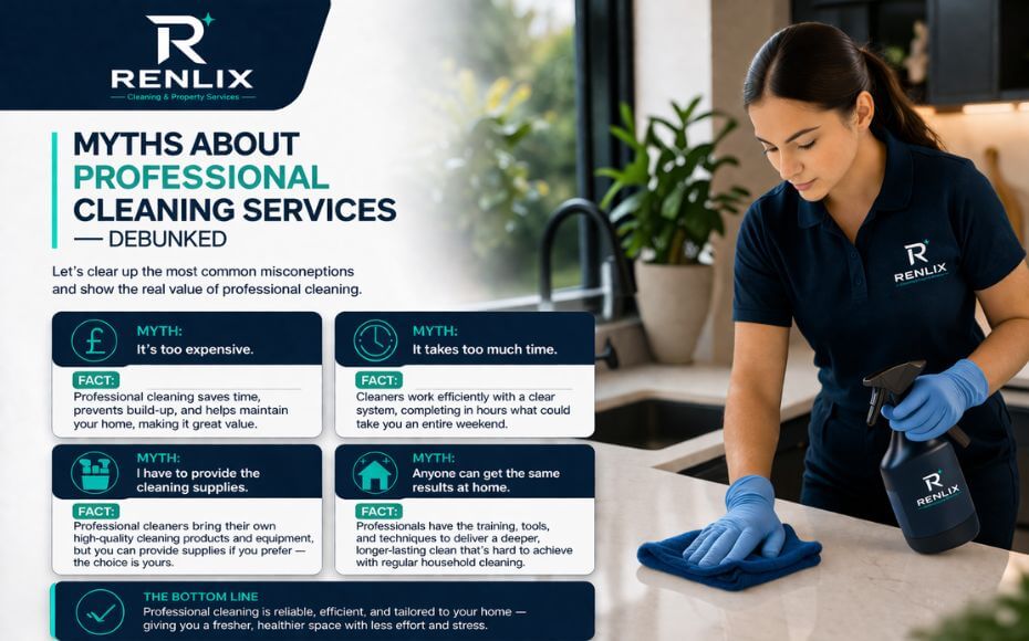 Professional cleaning myths debunked infographic by Renlix for Brighton and Hove, with a cleaner wiping a modern kitchen worktop.