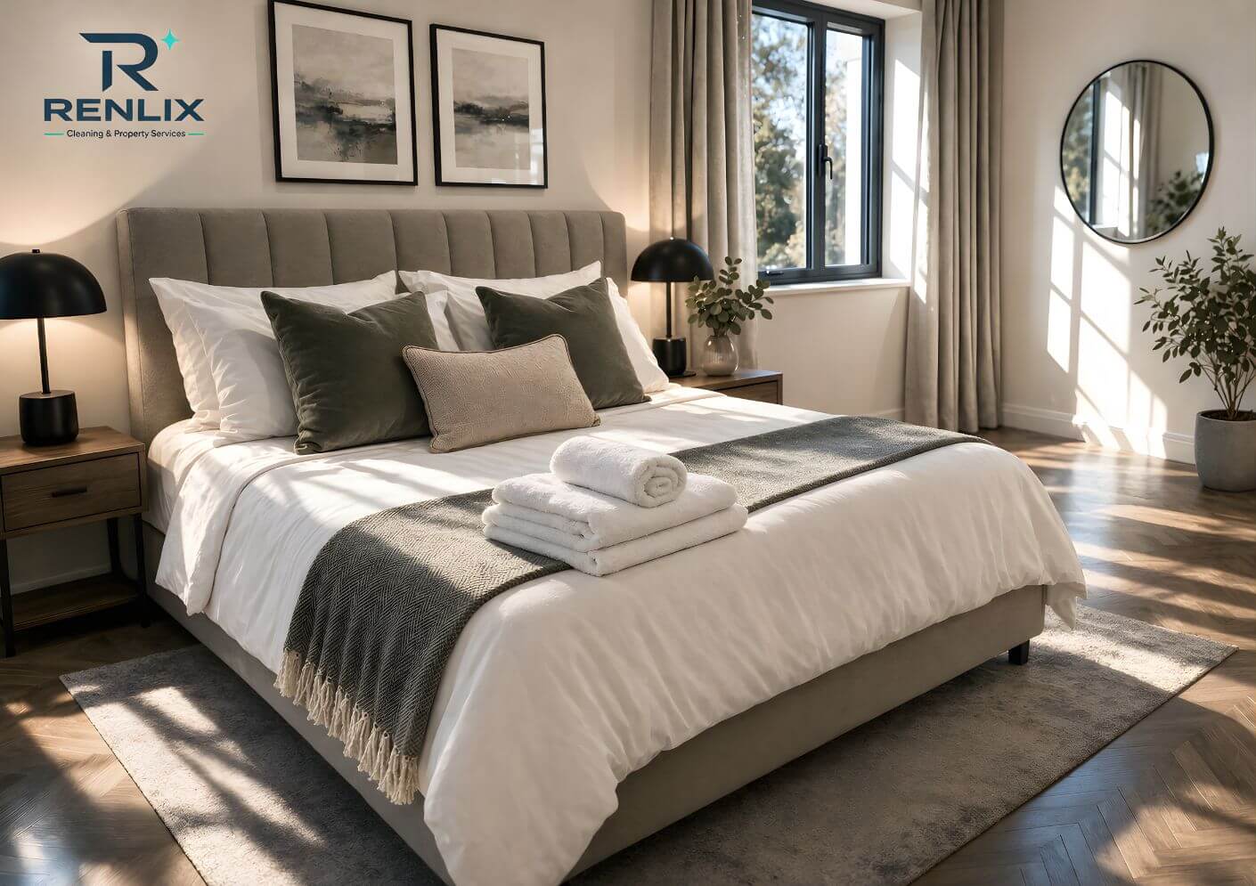 Renlix Airbnb and short-let turnover cleaning image showing a guest-ready boutique-style bedroom in Portslade, Hove, Brighton and Worthing