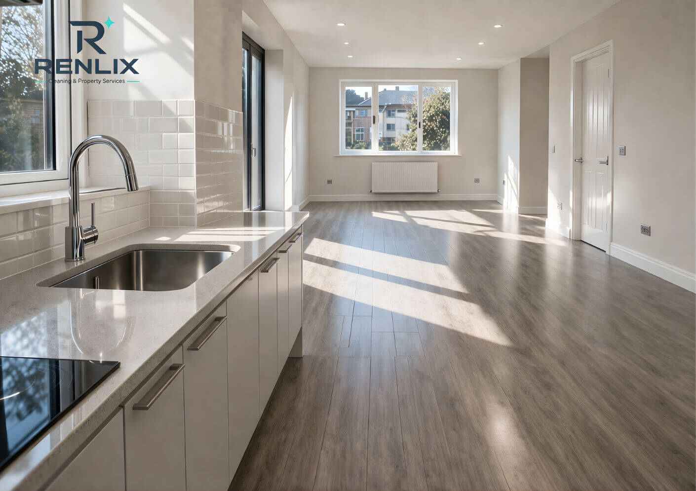 Renlix end of tenancy cleaning service image showing a bright, freshly cleaned empty property in Lancing ready for handover.