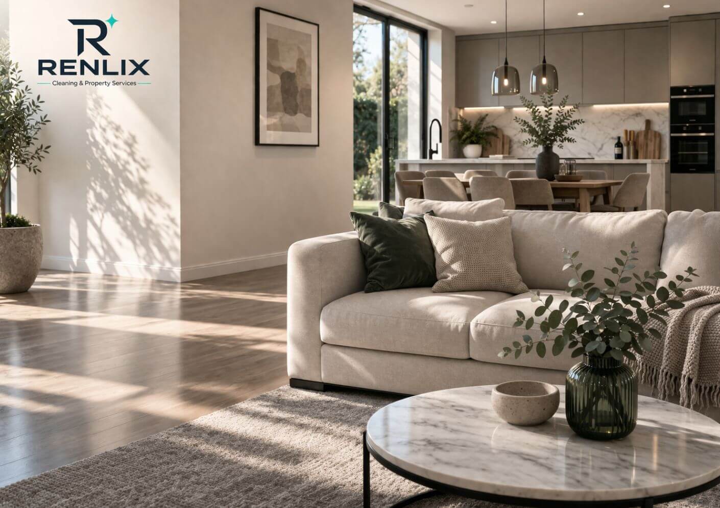 Renlix home cleaning service image showing a bright, freshly cleaned modern living space in Brighton, Hove and Worthing.