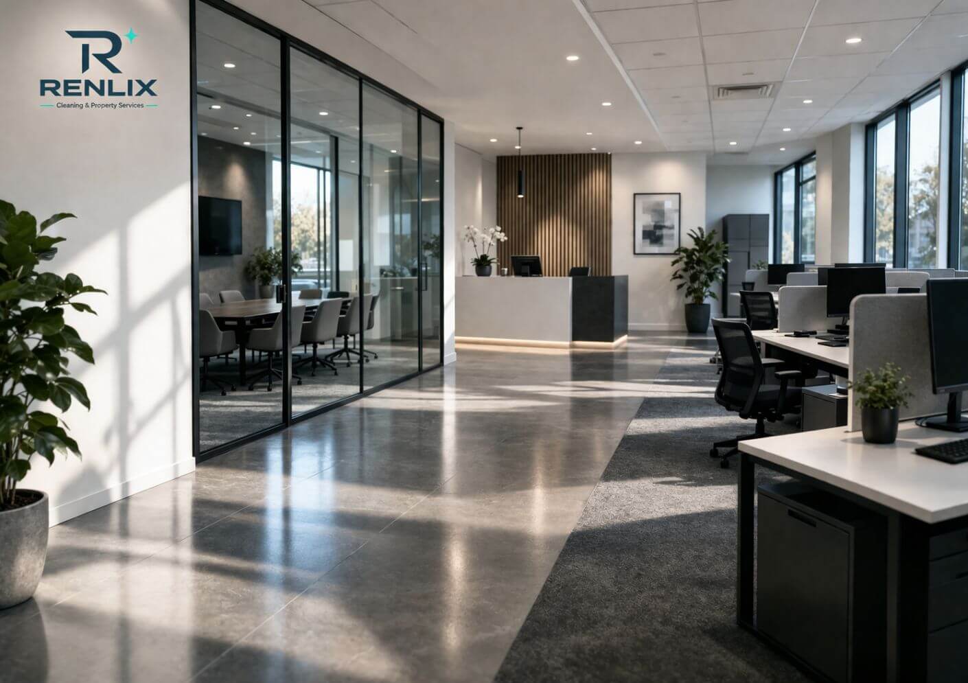 Renlix office and commercial cleaning service image showing a clean modern workspace in Fishersgate, Brighton, Worthing, Hove and Lancing