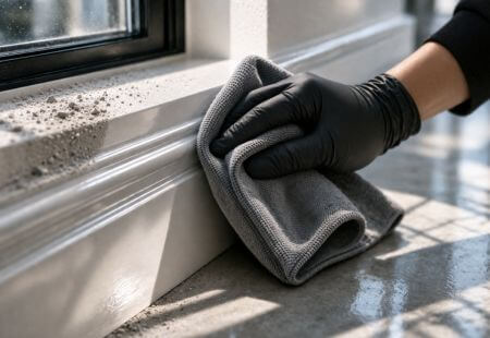 Close-up of after-builders cleaning with dust being wiped from a windowsill by Renlix