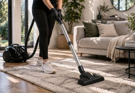 Woman vacuuming a living room rug during regular home cleaning by Renlix in Brighton and Hove
