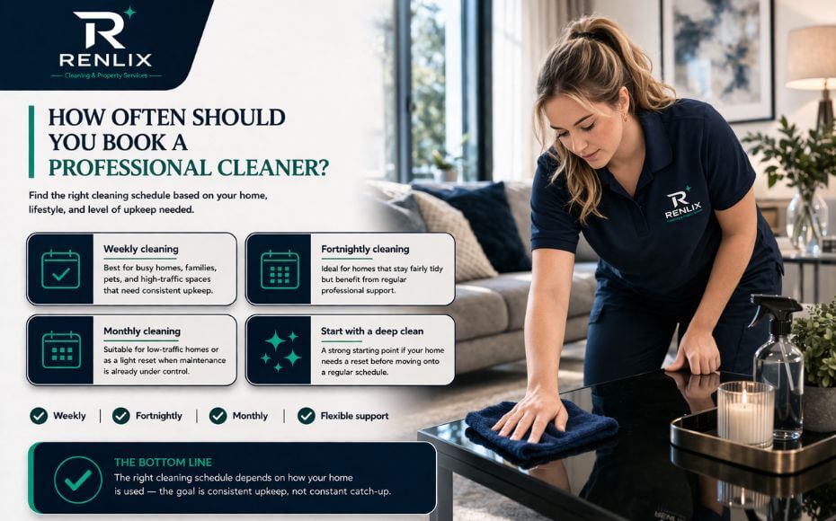 Renlix infographic showing how often to book a professional cleaner, with a woman cleaning a modern living room in Brighton and Hove, Lancing, Portslade and Worthing