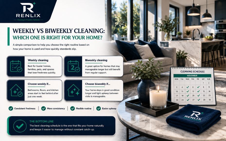 Renlix infographic comparing weekly and biweekly cleaning, with a modern home interior, cleaning schedule calendar, and styled living space in Brighton and Hove.