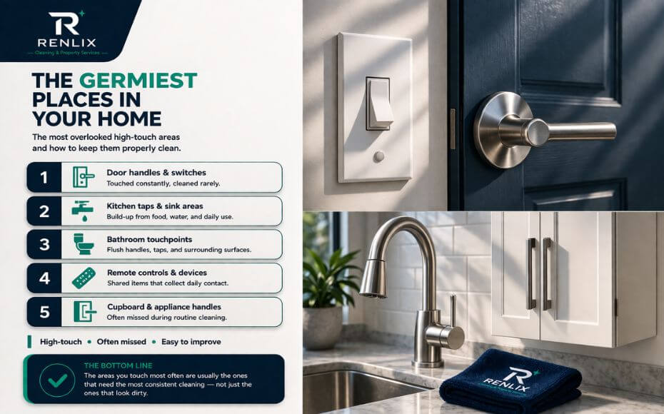 Close-up of high-touch surfaces like a kitchen tap, light switch, and door handle in a clean home, highlighting germ-prone areas for cleaning in Brighton and Hove