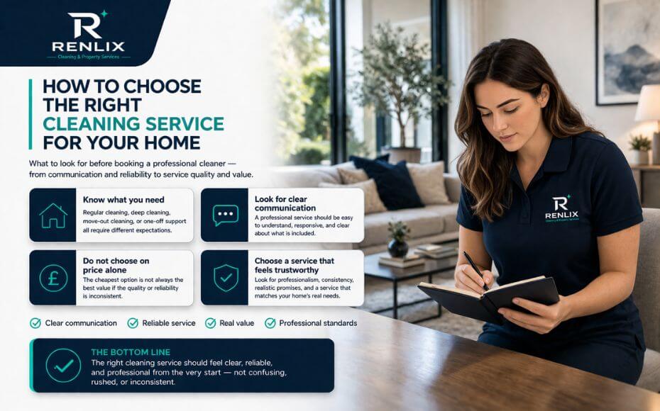 Renlix infographic on how to choose the right cleaning service for your home, with a professional woman in a navy branded polo reviewing a clean modern living space in brighton and hove