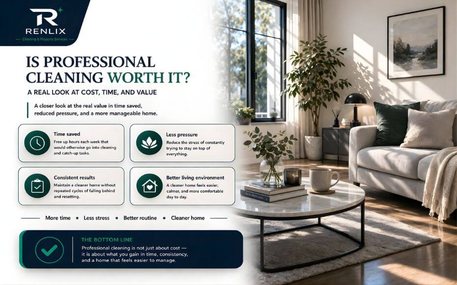 Renlix infographic asking whether professional cleaning is worth it, showing a calm modern living room in Brighton and Hove, Lancing, Portslade and Worthing