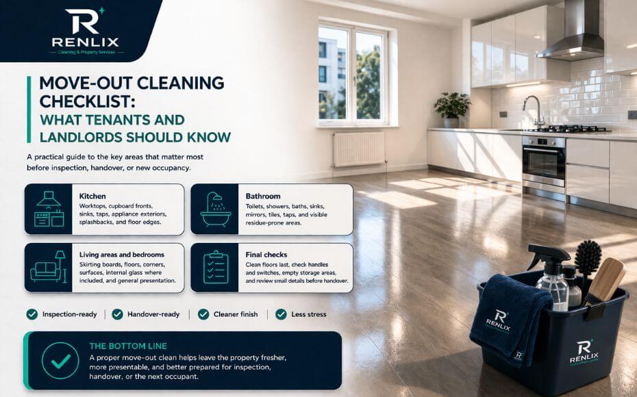 Move-out cleaning checklist infographic by Renlix for Brighton and Hove, and Worthing showing an empty cleaned property ready for inspection and handover.