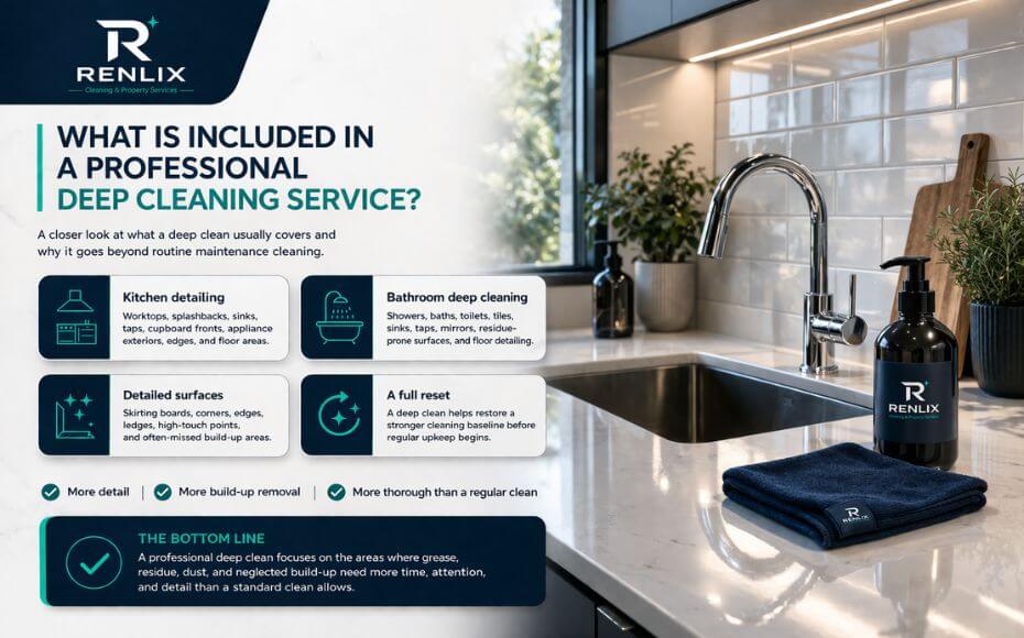 Professional deep cleaning service infographic by Renlix for Brighton and Hove, showing what is included alongside a spotless modern kitchen detail.