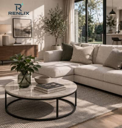Renlix home cleaning service in Portslade Brighton & Hove showing a premium modern living room interior with natural light and spotless styling