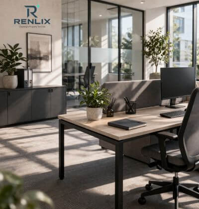 Renlix office cleaning service in Worthing Lancing showing a premium modern office interior with natural light, tidy desks and a spotless professional workspace