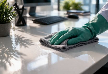 Renlix office and commercial cleaning in Brighton and Hove with desk surface being cleaned in a modern workspace