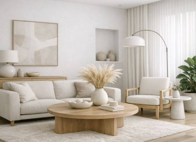 Premium modern living room interior with soft natural light and neutral tones, styled for Renlix cleaning brand in brighton and hove