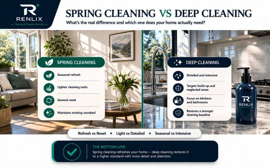 Comparison image showing spring cleaning and deep cleaning in a modern home for a Renlix cleaning guide in Brighton, Hove, Worthing and Lancing
