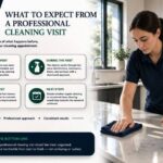 Renlix infographic showing what to expect from a professional cleaning visit, with a cleaner working in a modern kitchen in Worthing-Lancing