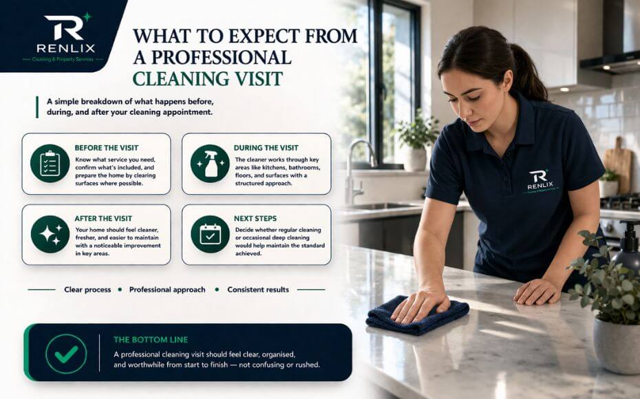 Renlix infographic showing what to expect from a professional cleaning visit, with a cleaner working in a modern kitchen in Worthing-Lancing